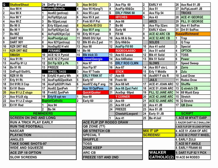 Photo of a paper NFL-style play call sheet