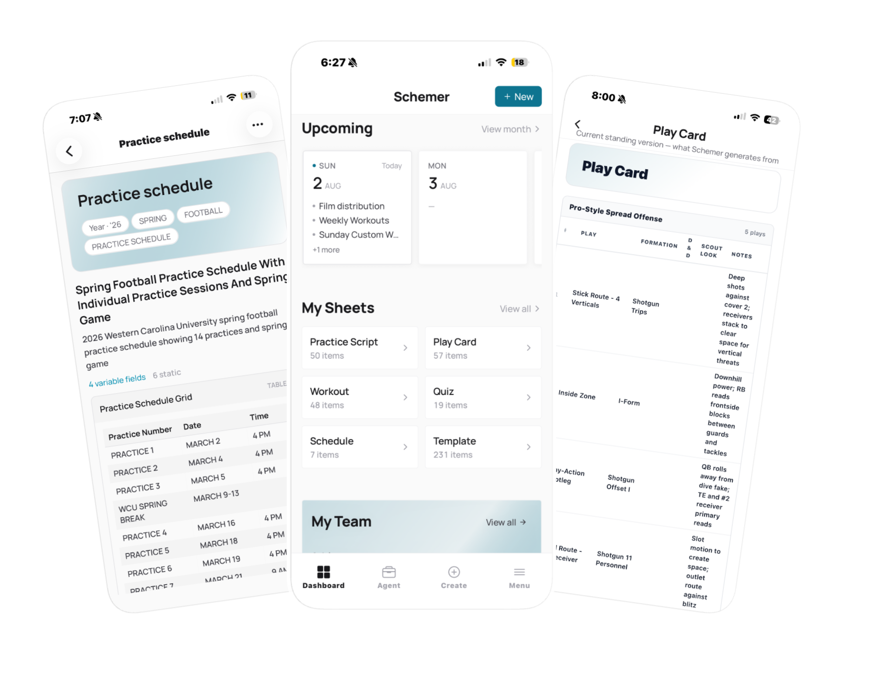Schemer mobile app — practice schedule, home, and play card