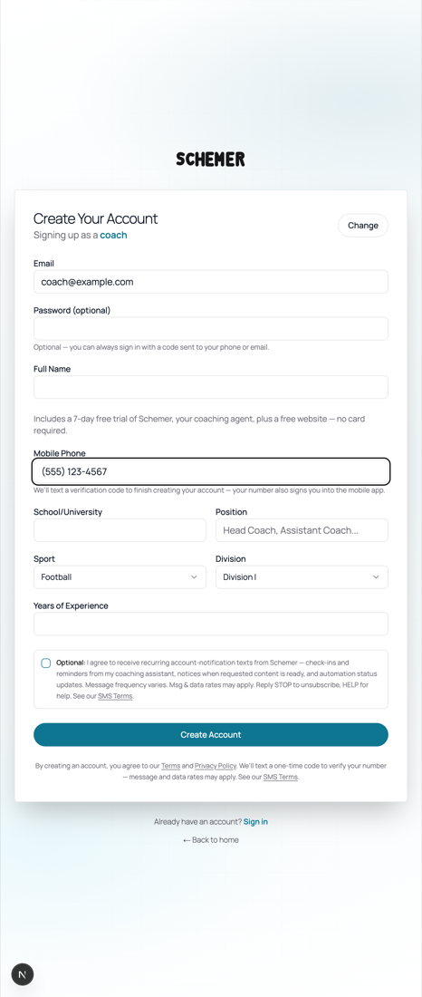 Schemer sign-up form showing the mobile phone field and SMS consent disclosure with links to SMS Terms and Privacy Policy